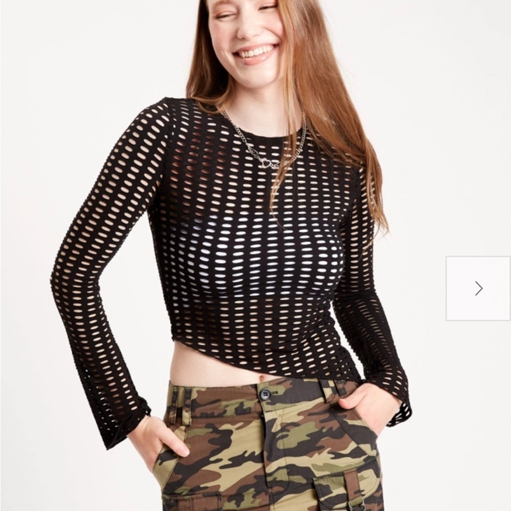 Black Long Sleeve Open Knit Asymmetric Top